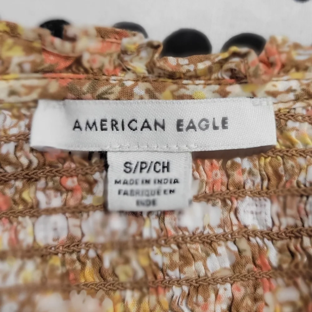 American Eagle Boho Floral Smock Detail Tie Neck Longsleeve Blouse Size S - Picture 7 of 11